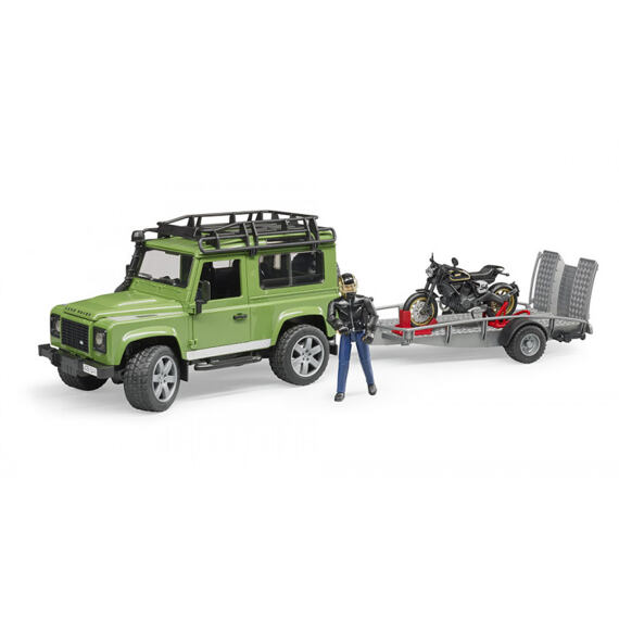 Land Rover Defender z lawetą, Ducati Scrambler Cafe Racer i kierowca - Bruder 2598